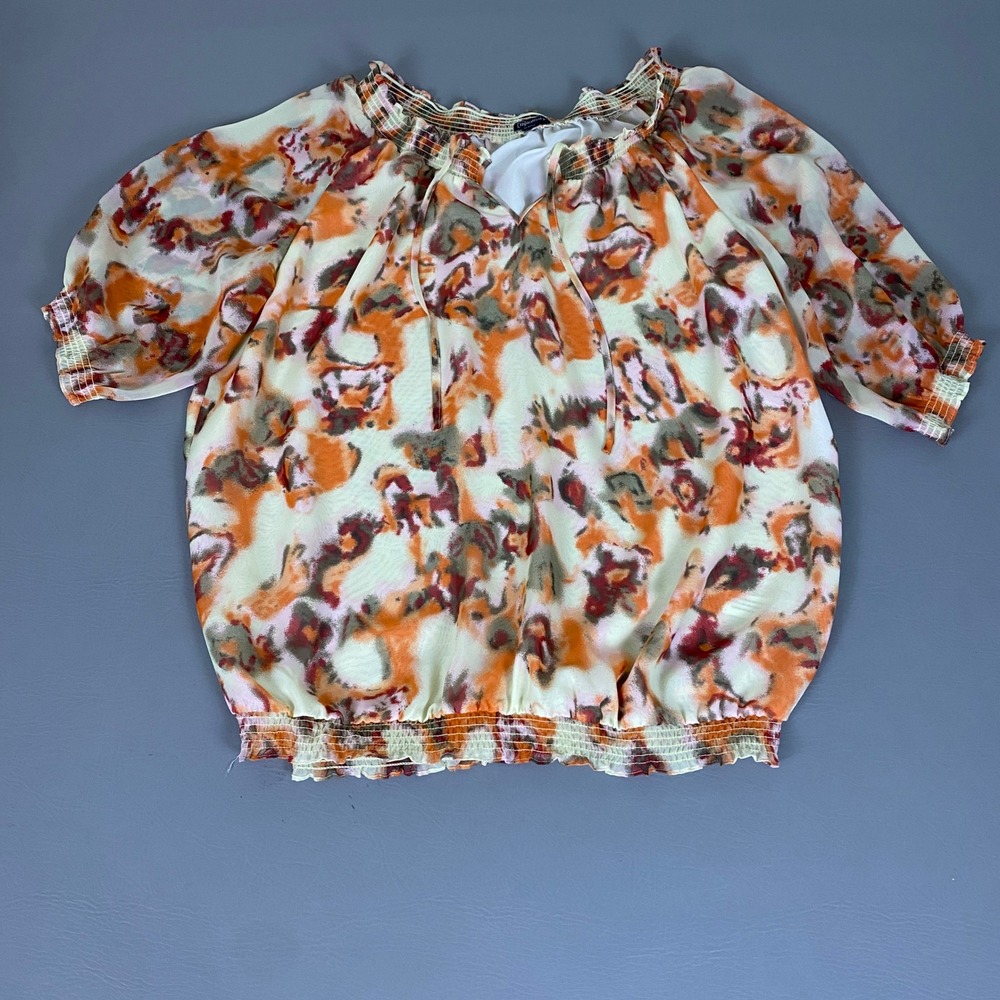 Relativity Blouse Top Womens Size 2X Abstract Smocked Peasant Orange Cream Brown